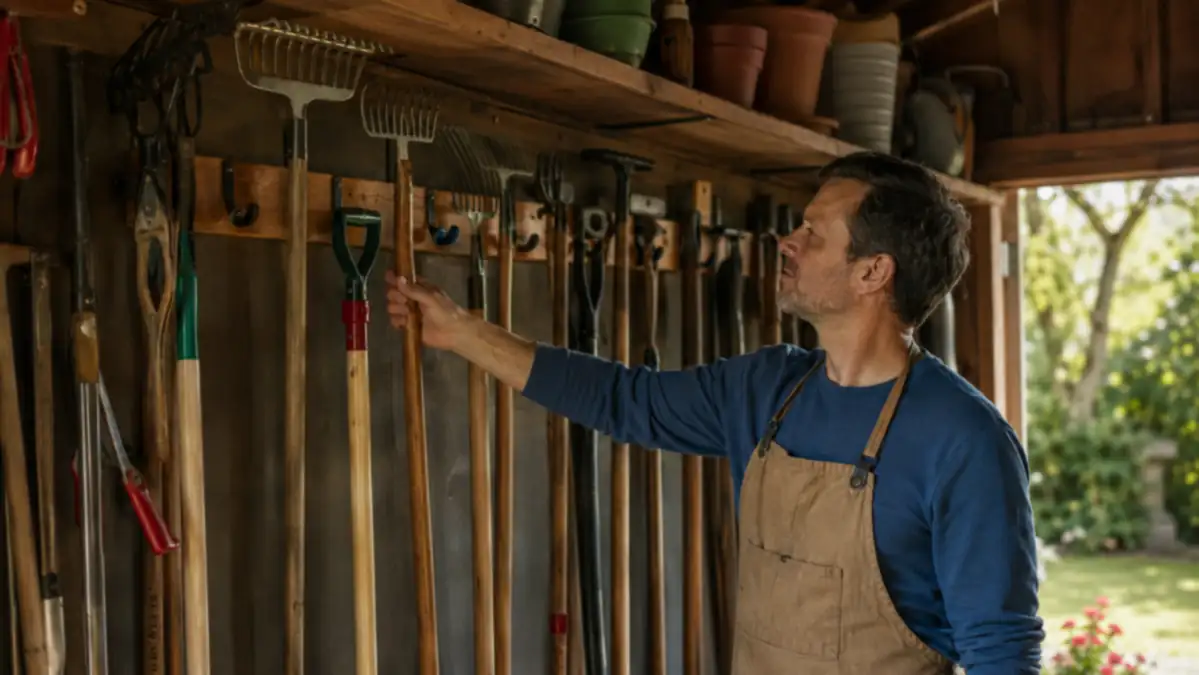 Homeowner reaching for a rake hanging on a wall-mounted tool rack in an organized shed