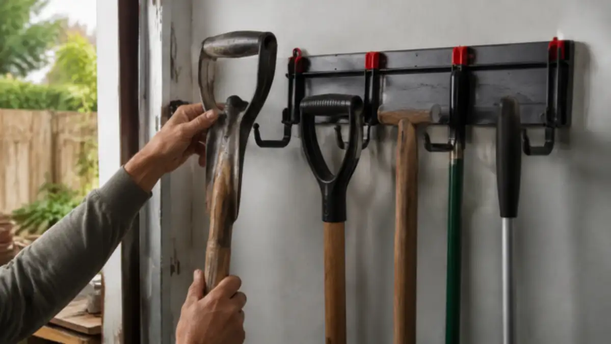 Hand hanging a shovel on a rubber-coated hook of the StoreYourBoard wall-mount tool rack