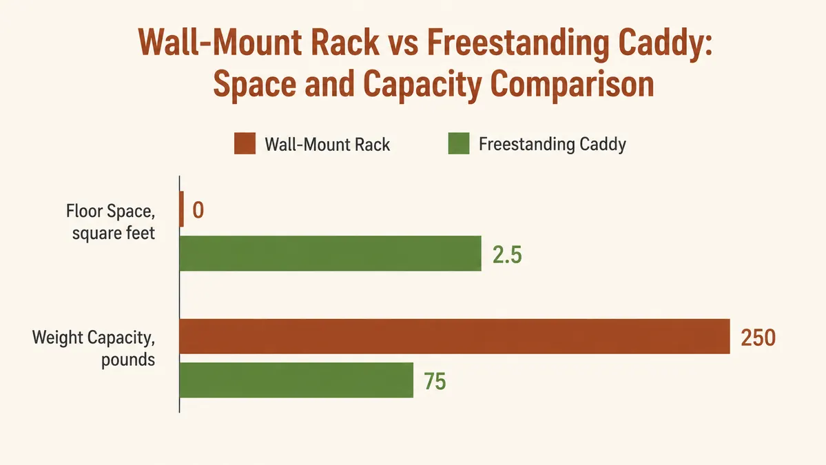 Bar chart comparing floor footprint and weight capacity between a wall-mount rack and a freestanding tool caddy