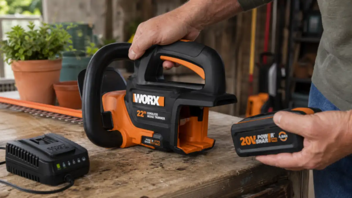 Close-up of the WORX hedge trimmer's charging port and single battery pack removed from the tool