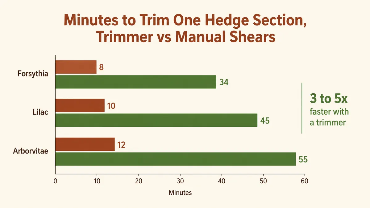 Chart comparing time spent trimming with the WORX trimmer versus manual shears across three hedge types