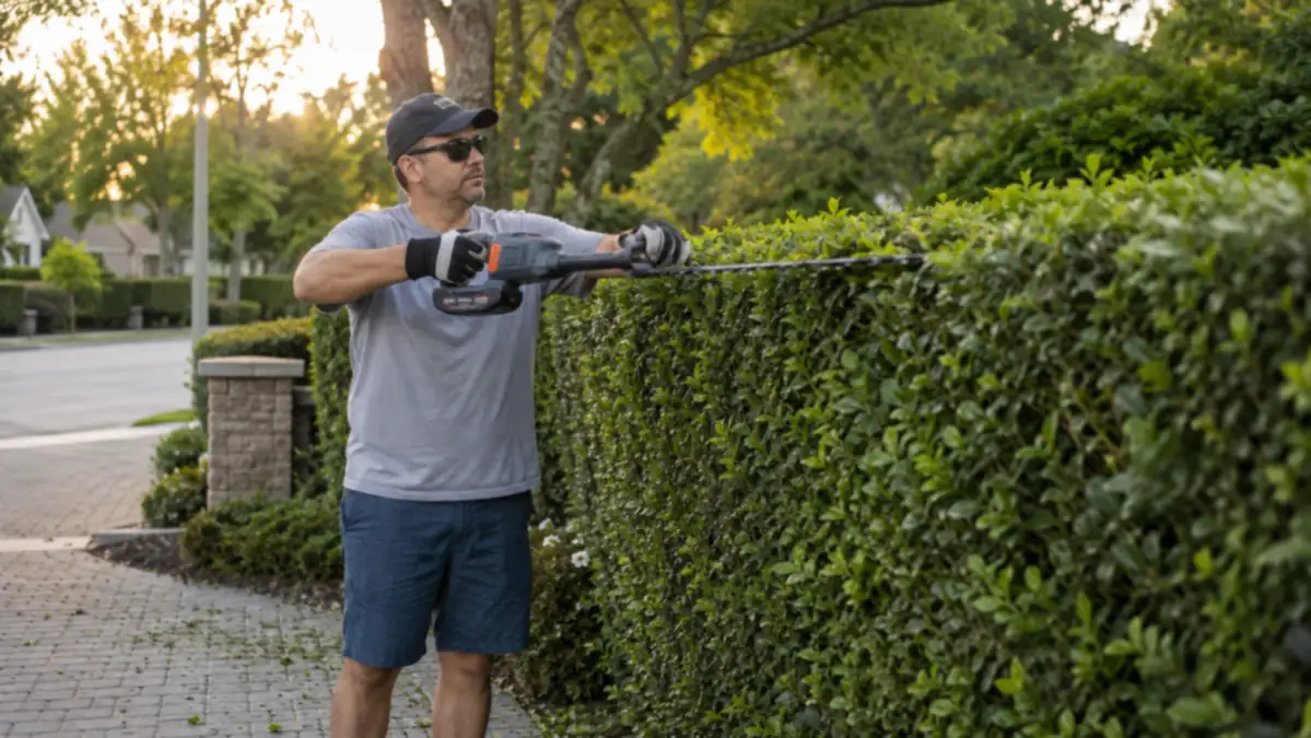 Homeowner trimming a long privet hedge along a driveway with a cordless hedge trimmer