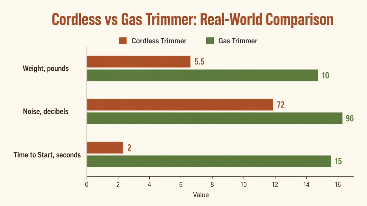 Bar chart comparing weight, noise level, and start time between a cordless and a gas hedge trimmer