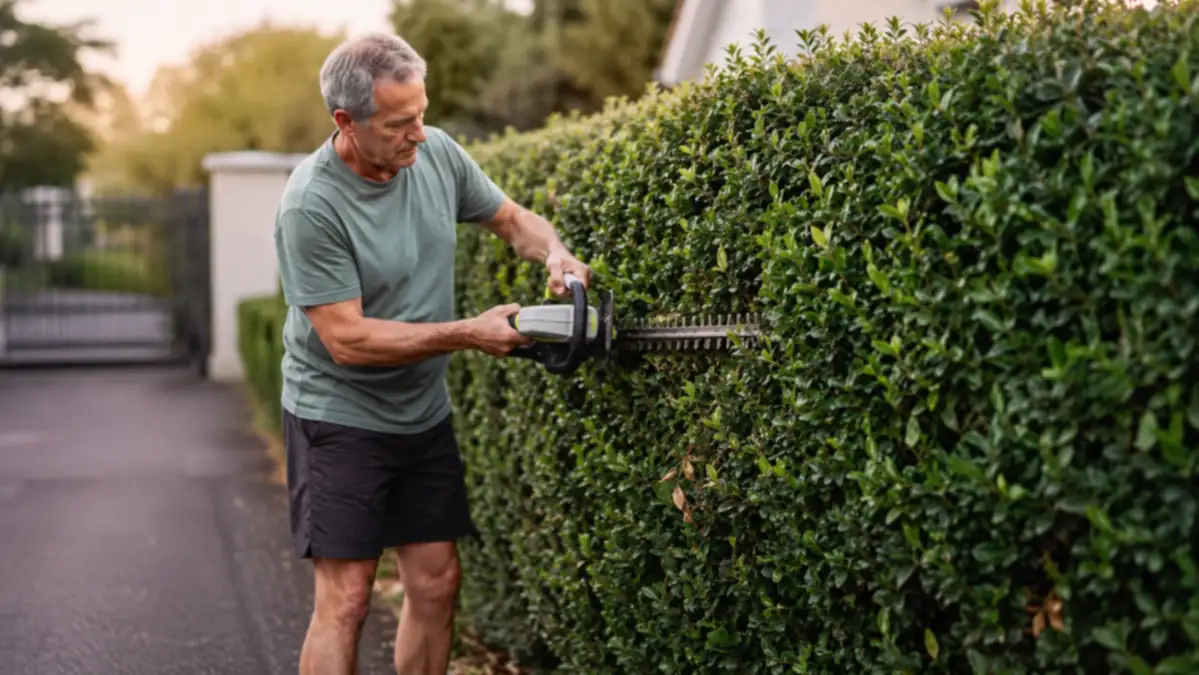 Older homeowner trimming a hedge along a driveway without any extension cord or gas can in sight